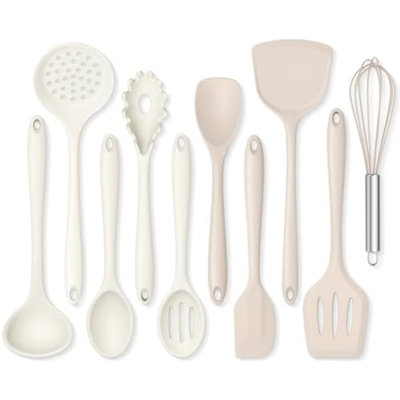 Ensemble d'ustensiles de cuisine, 10 pièces, en silicone non toxique, résistant à la chaleur et compatible avec les revêtements antiadhésifs - 2 couleurs assorties (kaki et blanc)