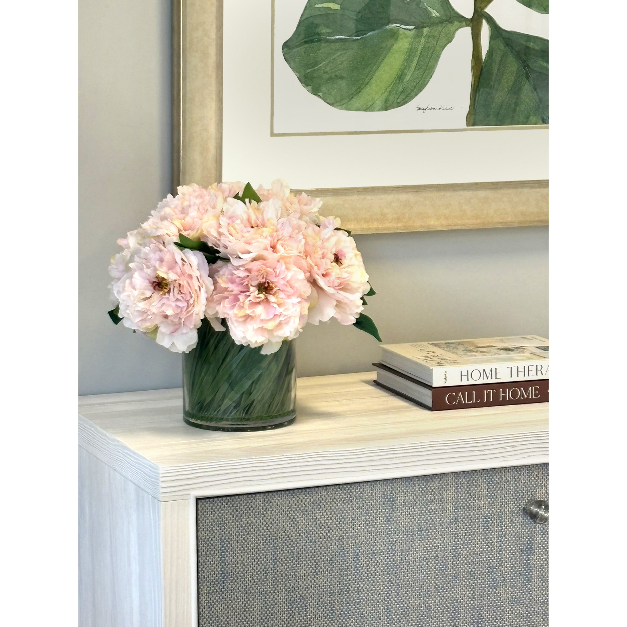 Faux Peony Arrangement in a Glass Vase, Light Pink