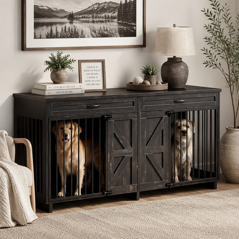 Meuble télé en forme de cage pour chien avec tiroirs de rangement et portes coulissantes de style grange