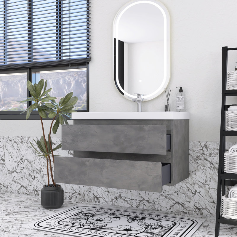 Meuble-lavabo résistant à l'eau - lavabo en résine intégré et système de tiroir silencieux, Gris Pierre