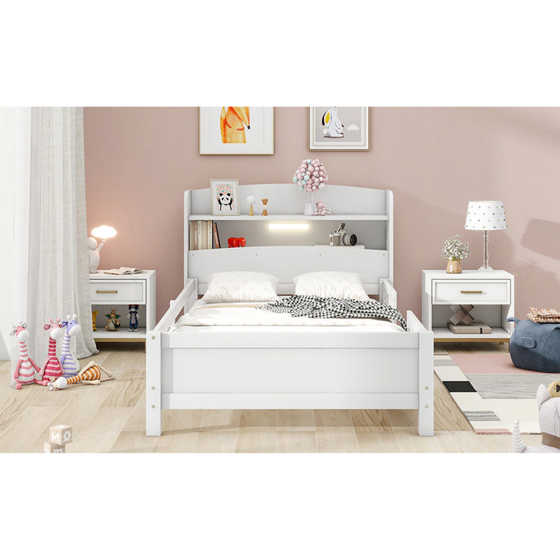 Lit plateforme simple blanc avec rangement à DEL, tête de lit et garde-corps intégrés pour une stabilité accrue, Lit simple
