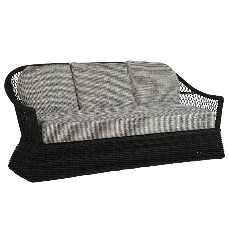Soho 81.75" Wide Outdoor Wicker Patio Sofa with Cushions, Rollo Silver, Black, No Welt