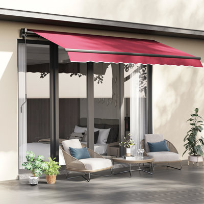 Red 10' X 8' Deck Awning - Shade Shelter Sunshade. & Water- Fabric, Aluminum Frame, Manual Crank For Balcony, Yard Patio Sunshade Awning. Water Fabric. Frame. Hand Crank. Deck, Suitable.