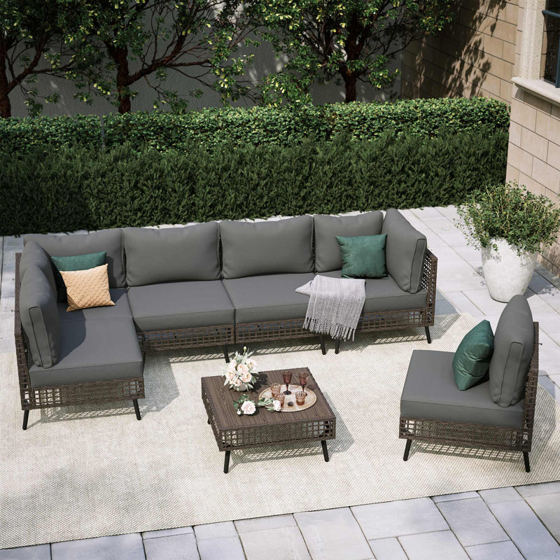 All-Weather Wicker 6 - Person Modular Patio Conversation Sets with Cushions, Gray
