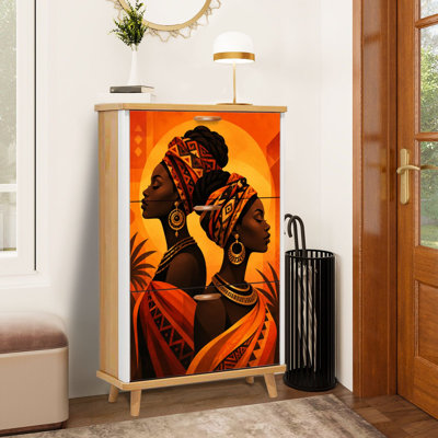 Shoe Storage Cabinet with 3 Flip Drawers Elegant African Women Vibrant Orange Tribal Patterns Slim Standing Shoe Rack Organizer Narrow Hidden Wooden Cupboard for Entryway Hallway Foyer Closet Apartment Small Space