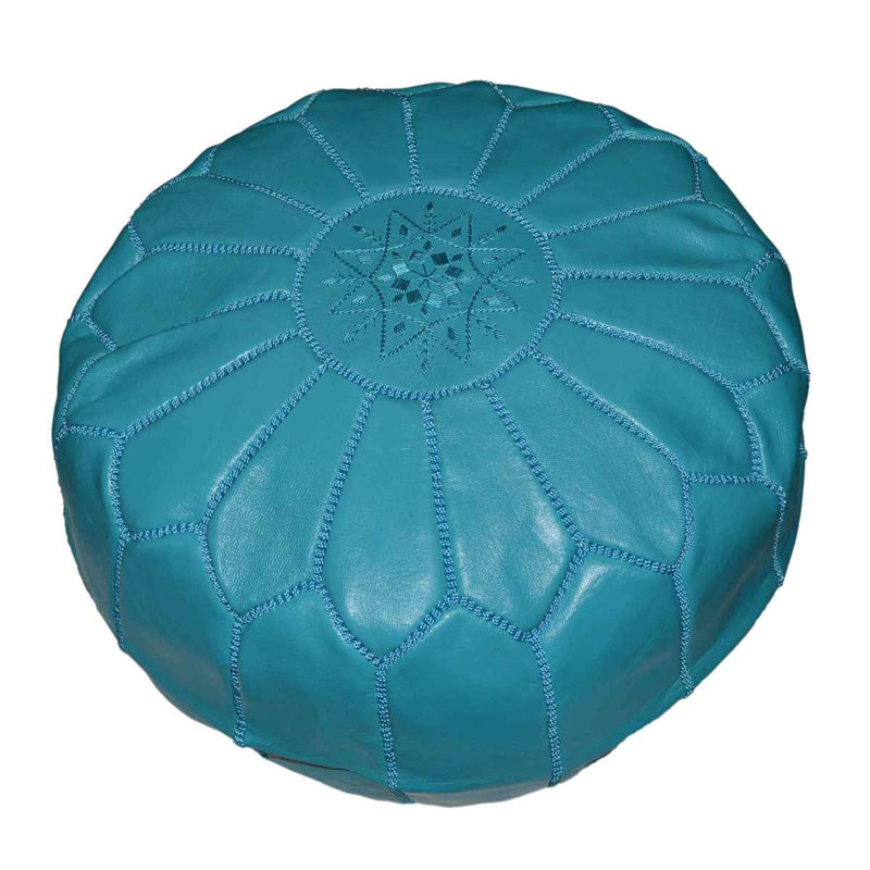 Handmade Moroccan Leather Round Pouf Ottoman Large Aviles, Turquoise Genuine Leather