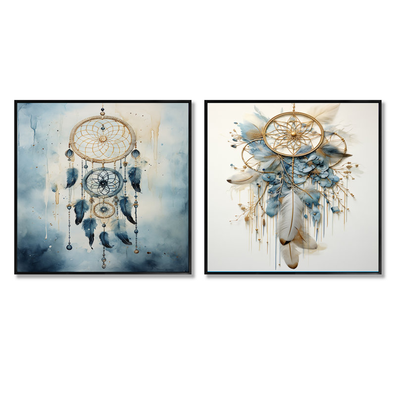 Capteur de rêves blanc et bleu Tranquility - Dream Catcher, Cadre flottant noir, H 30 po x l 61 po