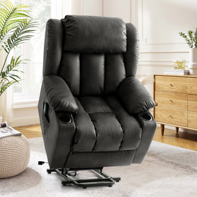 Power Lift Recliner Chair with Heat & Massage, Leather Recliners for Adult & Elderly, Cup Holder, Type-C Charge, for Living Room (Gray)