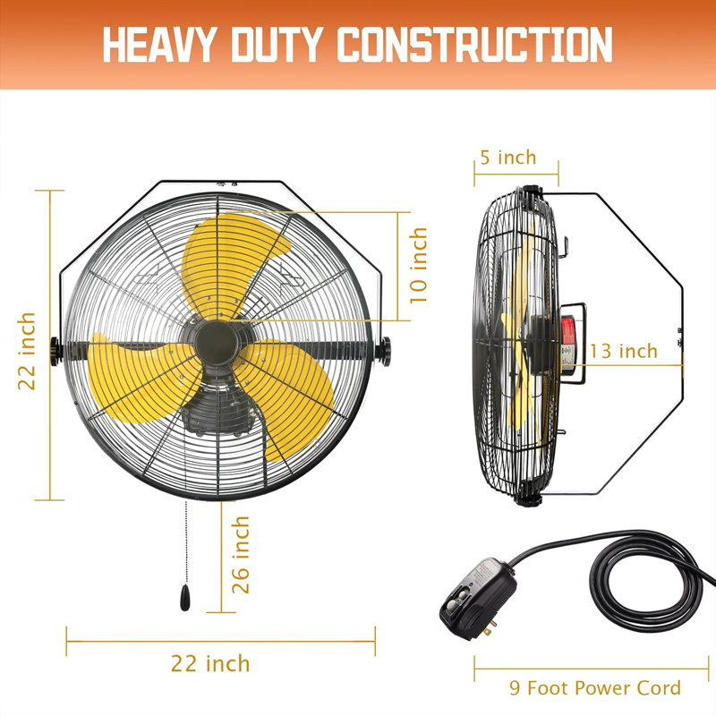 Ventilateur mural extérieur haute vitesse de 20 pouces, 5100 CFM, IP44 résistant aux intempéries, cordon de 9 pieds, pour une utilisation sur le patio et le poste de travail - Homologué UL