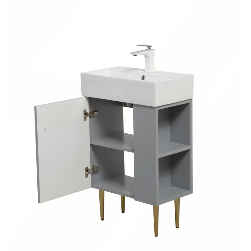 Meuble-lavabo à tablettes ouvertes de 21,6 po avec lavabo en céramique, porte à fermeture en douceur et rangement à droite