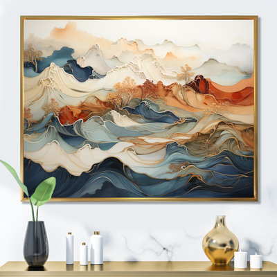 Abstrait abstrait orange et bleu, encre de rivière III - art abstrait sur toile marbrée