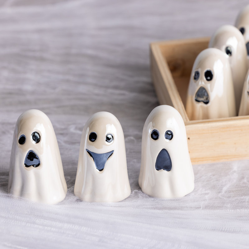  Dolomite 7.75 in. White Halloween Pearlescent Ghost Figurine In Display Set of 12