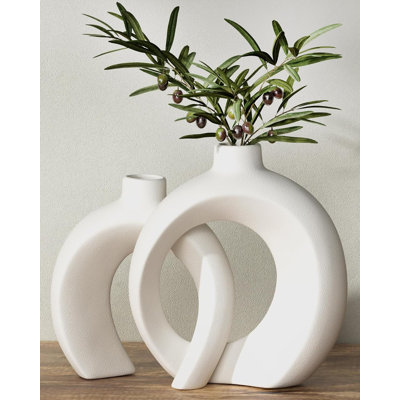 Donut Ceramic Vase Set of 2 for Flower or Home Table Decor (Matte White)