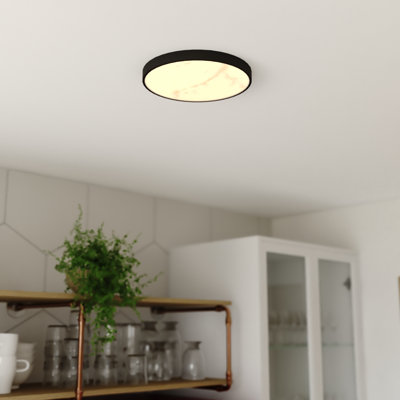Plafonnier encastré rond noir mat à 1 lumière de 12 po de large avec abat-jour en albâtre blanc Aurelia, idéal pour les plafonds bas