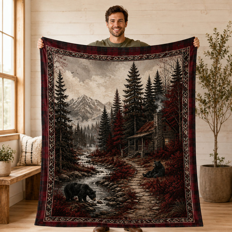 Jeté en flanelle rustique Black Bear avec cabane, ruisseau Mountain et bordure à carreaux rouges, Lodge