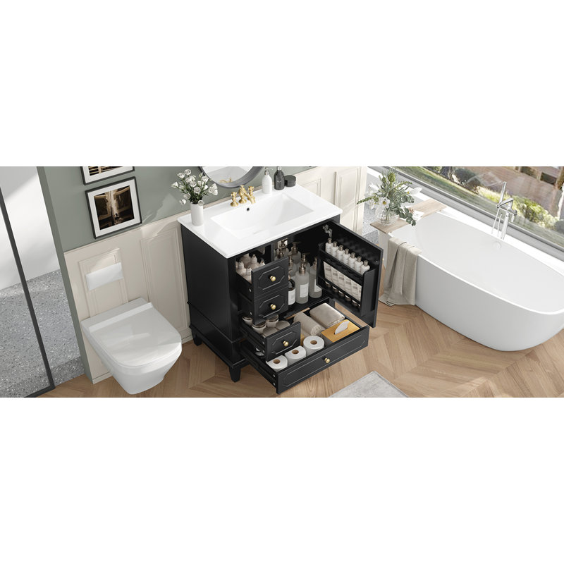 Meuble-lavabo autoportant avec lavabo en céramique, Noir