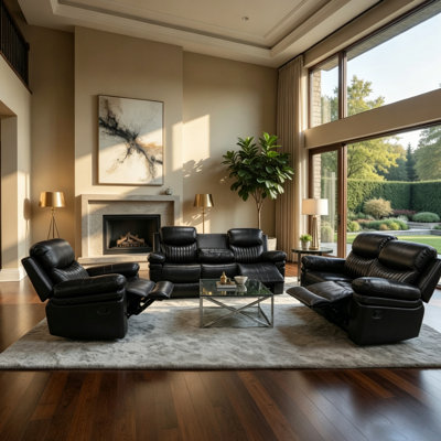 3 Piece Leather Manual Reclining Living Room Set with Pillow Top Armrest