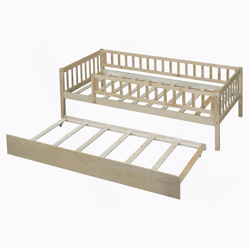 Lit de jour en bois avec couchette et garde-corps, Naturel, Simple