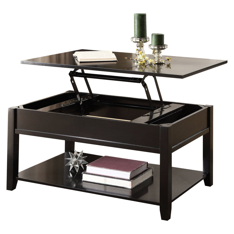 Table basse noire à plateau relevable avec rangement pour objets décoratifs et plus encore