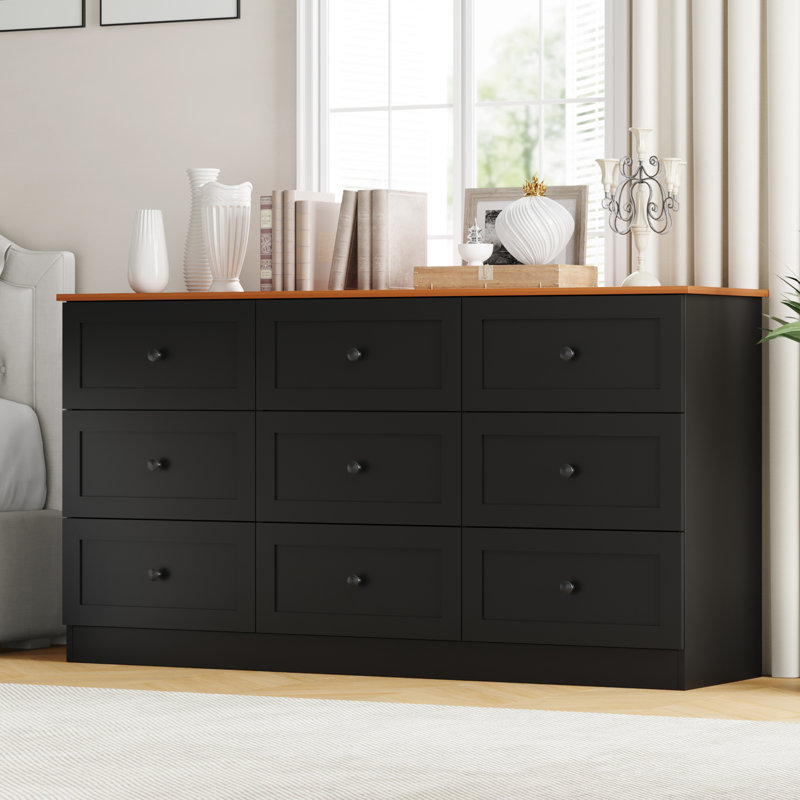 9 Drawer Dresser, 59" Wide Dresser For Bedroom, Modern Large Chest Of Drawers, Tv Stand For 65 Inch, Storage Organizer With Metal Handles For Bedroom, Living Room, Hallway Black