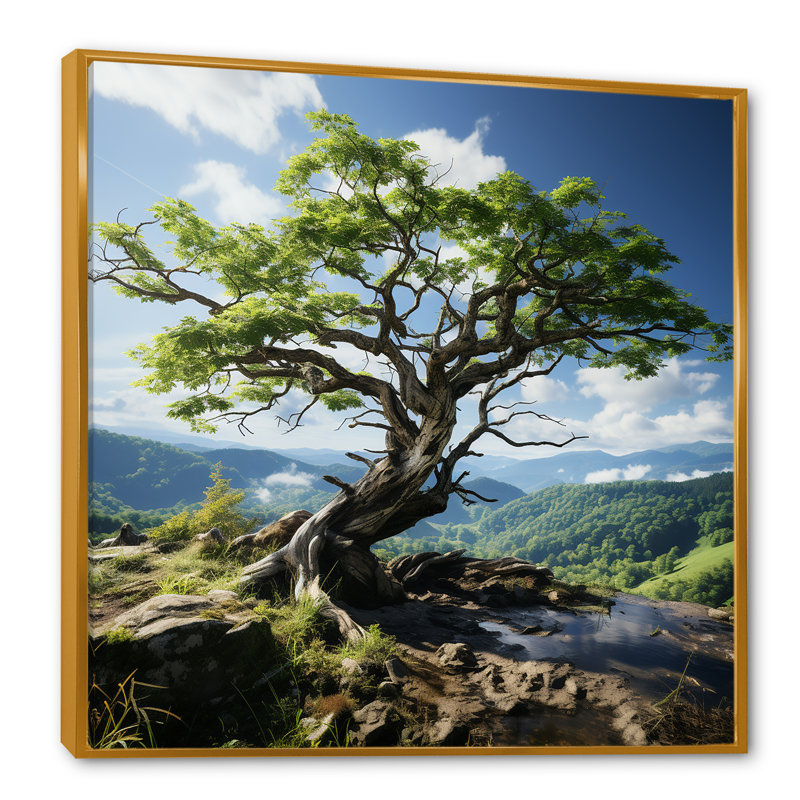 Bonsai vert - horizon du Japon - impression, H 16 po x l 16 po x P 1 po, Cadre flottant doré