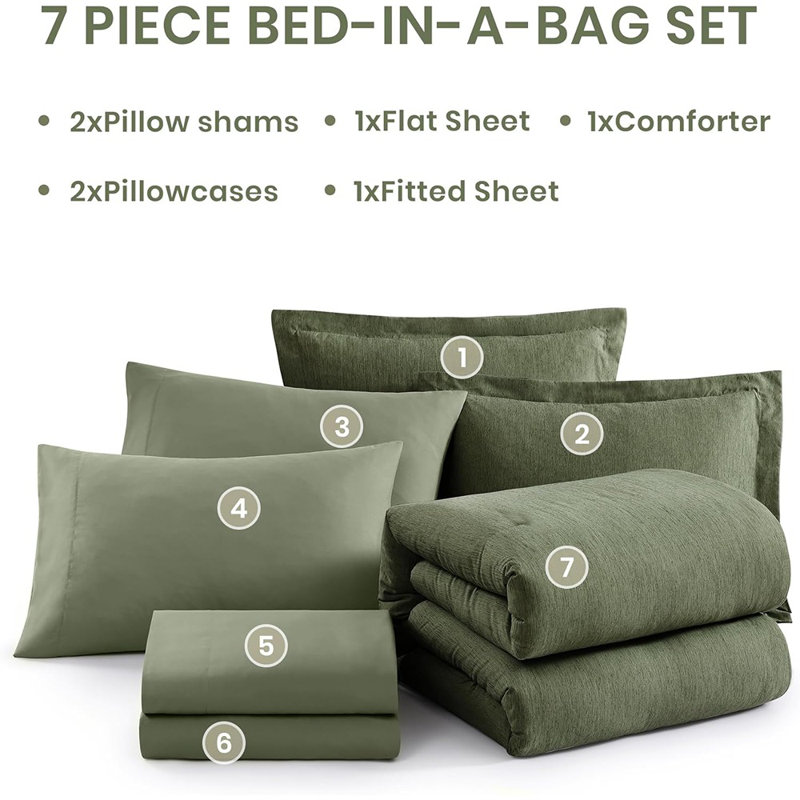 Ensemble d'édredon pour grand lit - Ensemble 7 pièces de literie pour grand lit vert olive teint dans un sac avec édredon, draps, taies d'oreiller et taies décoratives, ensembles d'édredons réversibles