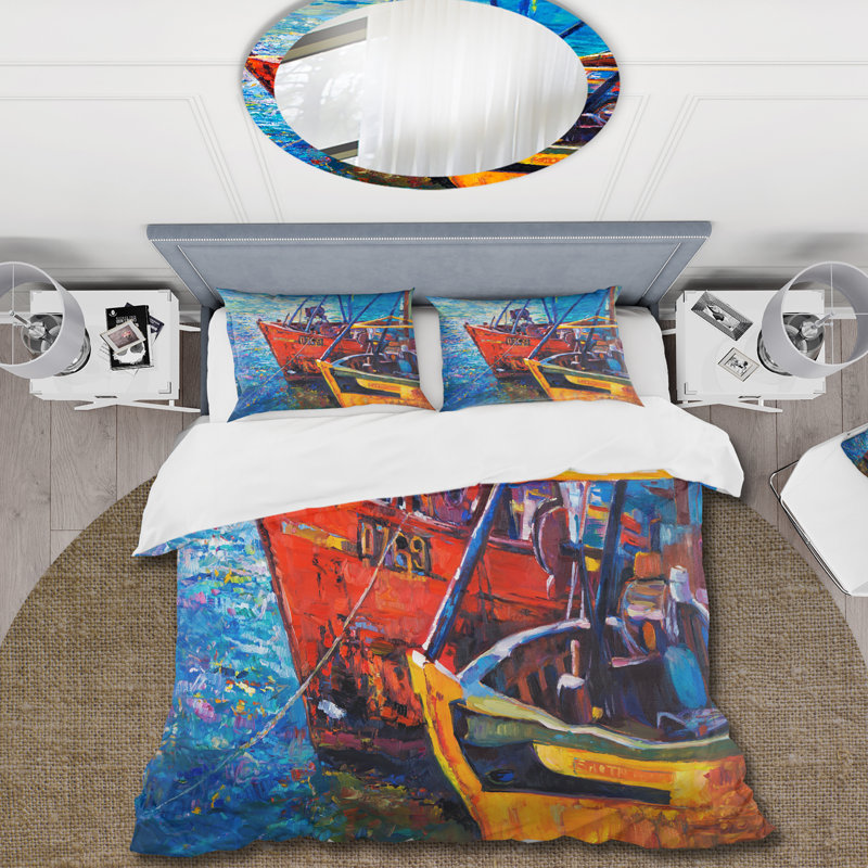 Bateaux qui se reposent sur l'eau pendant le coucher du soleil chaud - Ensemble de housse de couette nautique - Polyester en microfibre