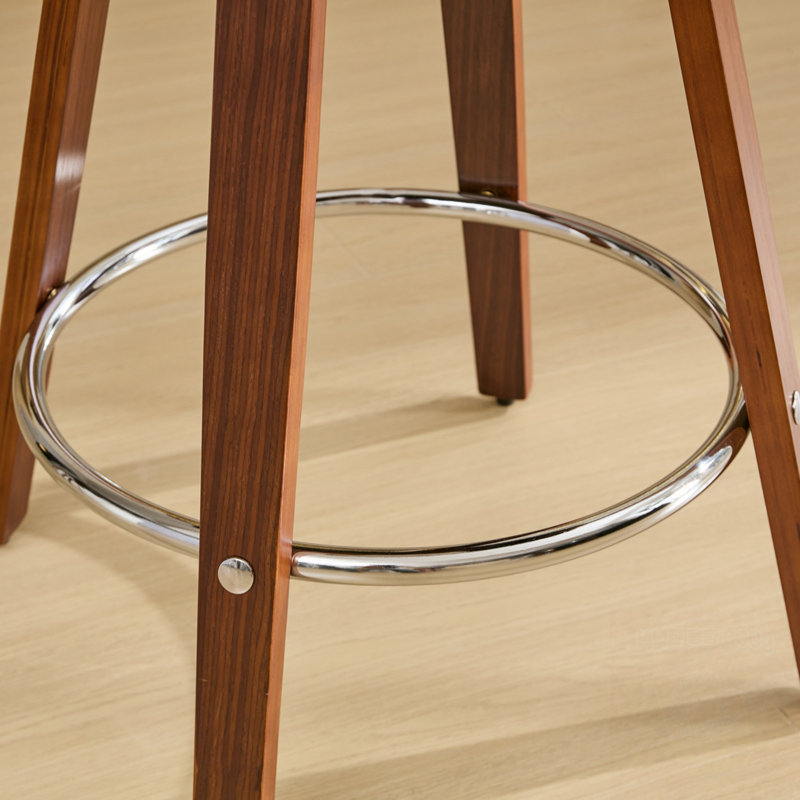 Ensemble de 2 tabourets en cuir avec repose-pieds en cuir, Siège noir / structure en noyer