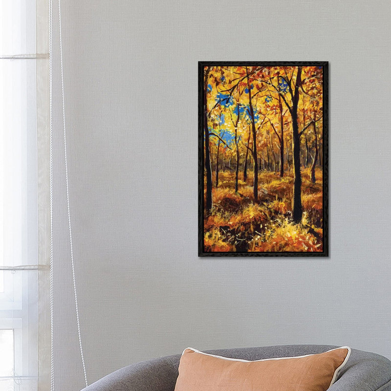 Beautiful Autumn Trees In Gold Warm Orange Autumn Forest Park Alley by Valery Rybakow - Painting on Canvas, Black Framed