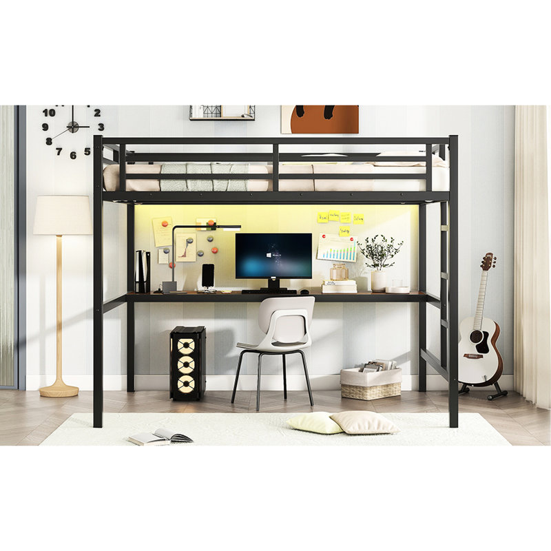 Lit mezzanine double en métal avec bureau compact et économie d'espace