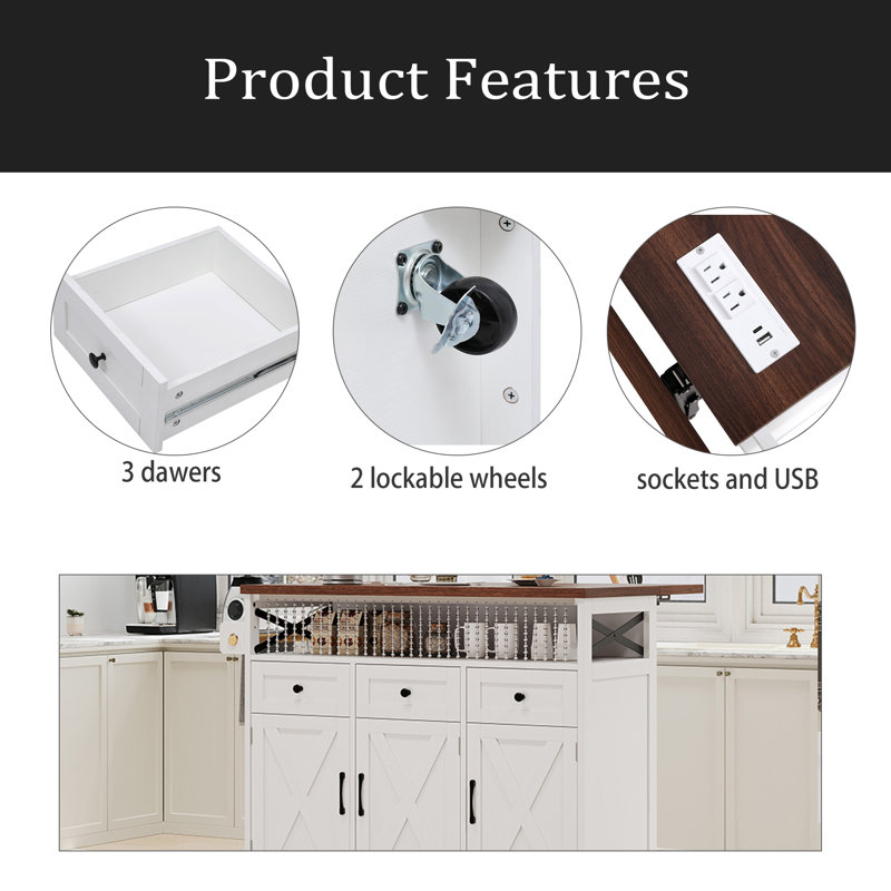 46.5'' Farmhouse Kitchen Island With Drape Of Beads, Power Outlet, Rolling Kitchen Cart On Wheels With Drop Leaf, 3 Doors , 3 Drawers And Internal Iron Shelf, For Kitchen, Dining Room
