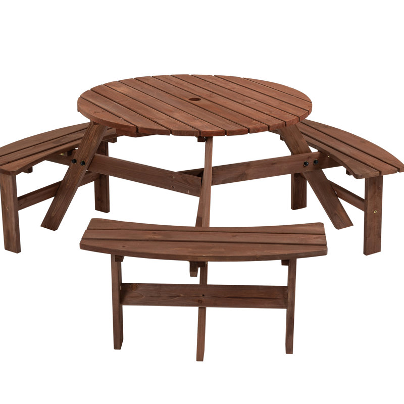 6 Picnic Table For Patio - 35.43" Tabletop, 3 Built-In Benches, 1720Lb Capacity, Rustic Style Brown Outdoor With 35" Round Top & Benches Patio, Backyard, Garden, Load Capacity