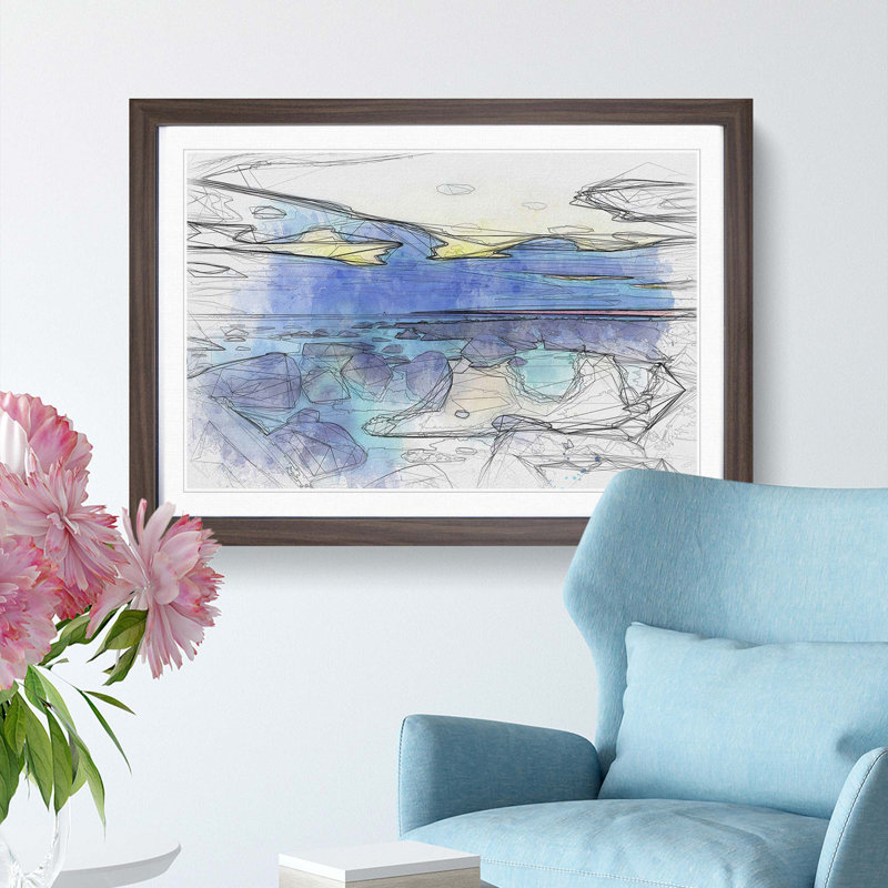 The Baltic Sea in Estonia in Abstract - Picture Frame Drawing Print, 48cm H x 65cm W x 2cm D, Walnut Framed