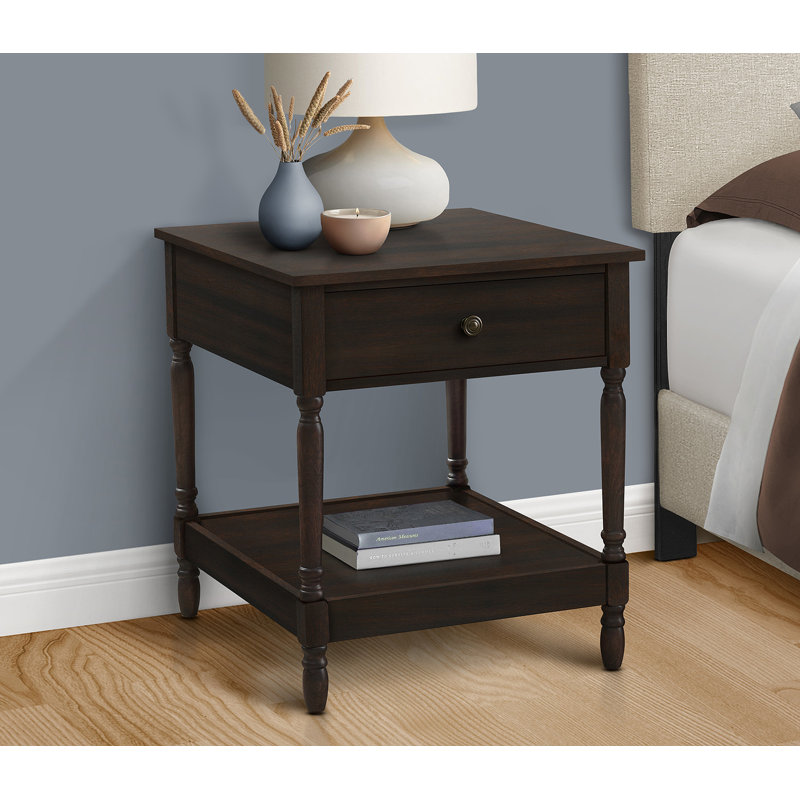 Table d'appoint, 2 niveaux, table de bout, table d'appoint, carré, table de chevet, chambre à coucher, lampe, placage brun, traditionnel
