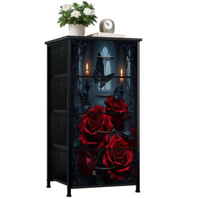Commode pour la chambre à coucher avec 4 tiroirs de rangement Roses rouges gothiques Bougies de papillons Commodes d'ambiance Moody Commode en acier à armoires en tissu pour vestibule