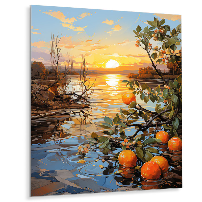 Orange sienne sereine, coucher de soleil sur lac II - fruits, art mural en métal, H 20 po x l 12 po x P 1 po