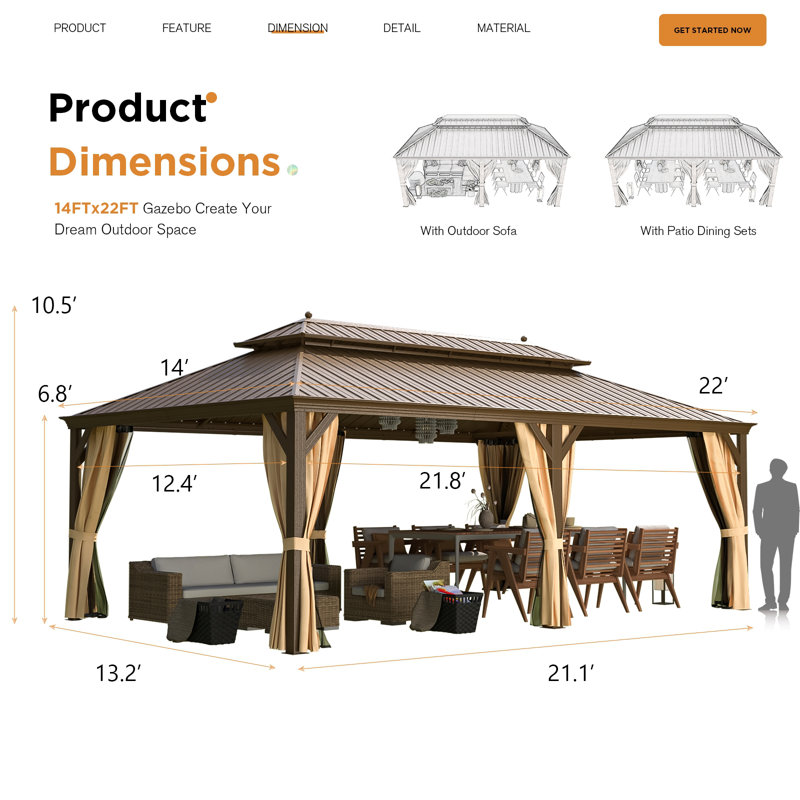 22 Ft. W x 14 Ft. D Hardtop Gazebo, Galvanized Steel Double Roof with Aluminum Frame, Outdoor Gazebo with Curtains and Nettings for Patio, Backyard and Deck