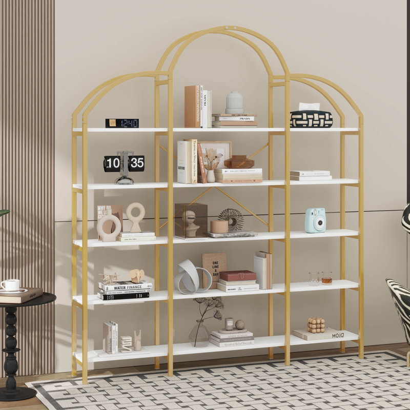 Bibliothèque de bureau 74,8 pouces à 5 niveaux avec plateau rond, cadre en X doré