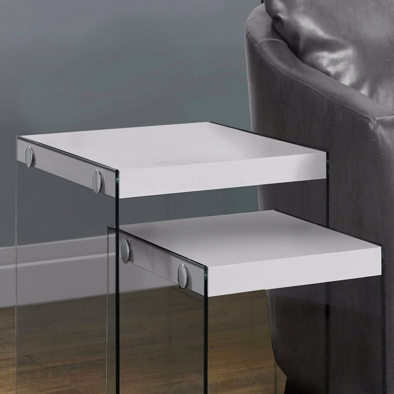 Ensemble de 2 tables gigognes, latérales, bout, décor, stratifié brillant, verre trempé transparent, contemporain, moderne