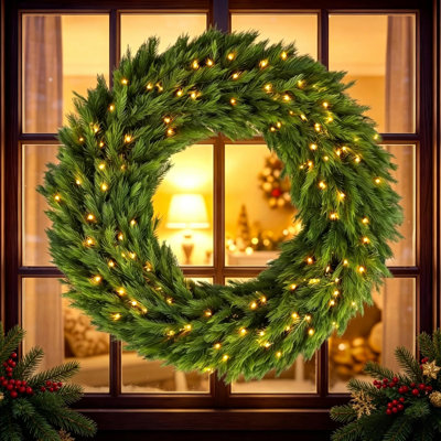 48" Pre-Lit Norwegian Spruce Christmas Wreath with 150 Warm White LED Lights, PE Molded Artificial Wreath with 750 Tips for Front Door, Covered Porch Holiday Decor