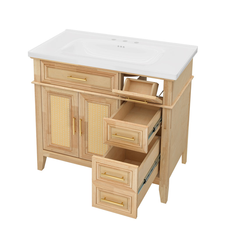 36" Bathroom Vanity With Ceramic Sink, 2 Doors & 2 Drawers, Tilt-Out Storage Panel, Rubberwood Frame & Plywood Cabinet, Painted Finish