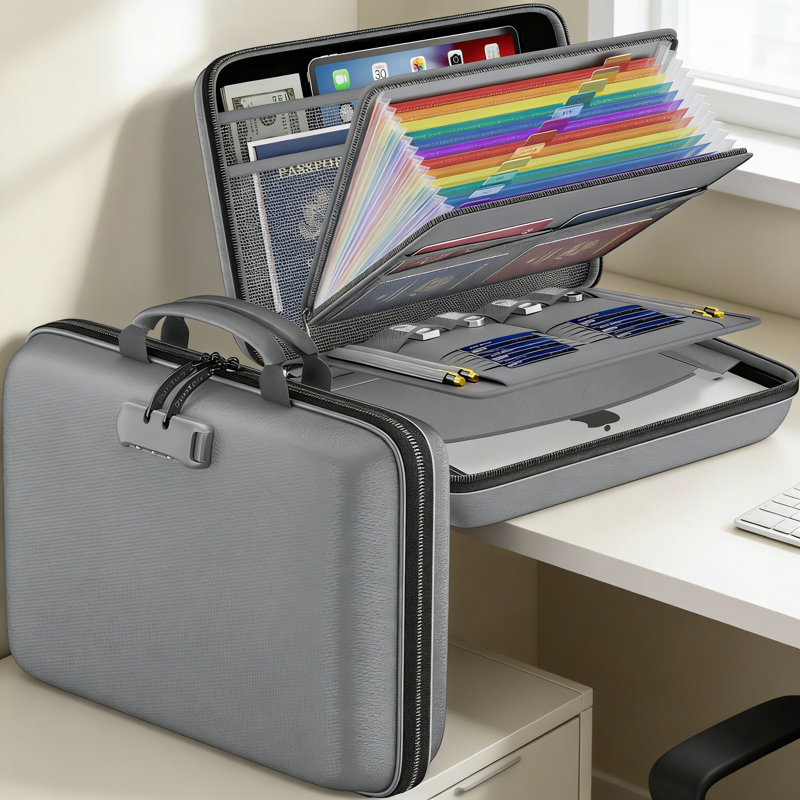 Fireproof File Organizer Beige Hard-Shell Document Box 13 Pocket Accordion File Folder With Lock Portable Safe Storage, Grey