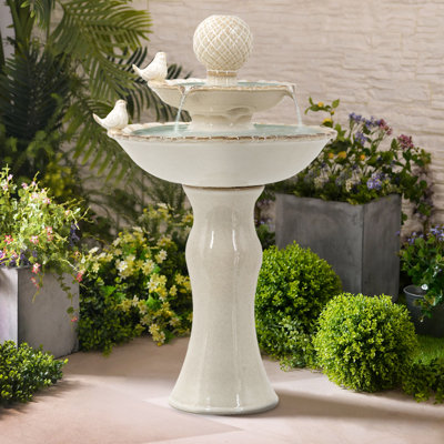 15.7x15.7x26.4 Patio Accent Table Charming Two-tiered White Outdoor Water Fountain With Bird Accents -  Lark Manorâ¢, 1D5A671CB65348DA903EB7D4EB2387F0