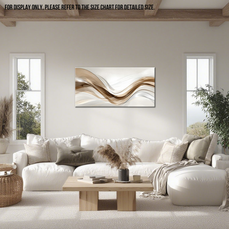 Large Abstract Canvas Painting - Wave Art Wall Decor for Living Room, Neutral Tone Canvas Wall Art for Home Decoration, Framed Painting Abstract Artwork Wrapped Canvas, 24×48 inches