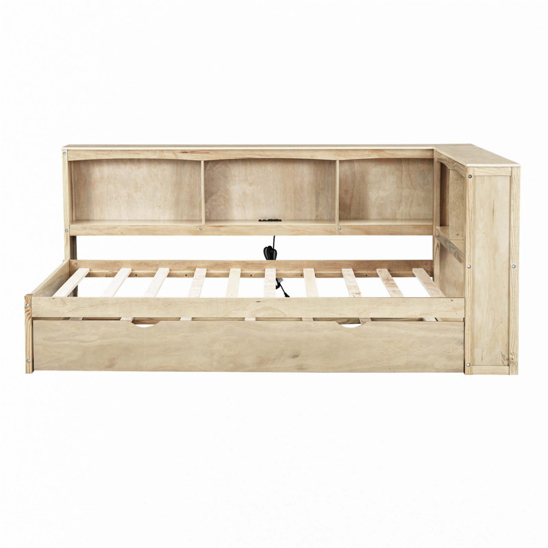 Lit de jour avec lit gigogne, armoires de rangement et ports USB, Natural