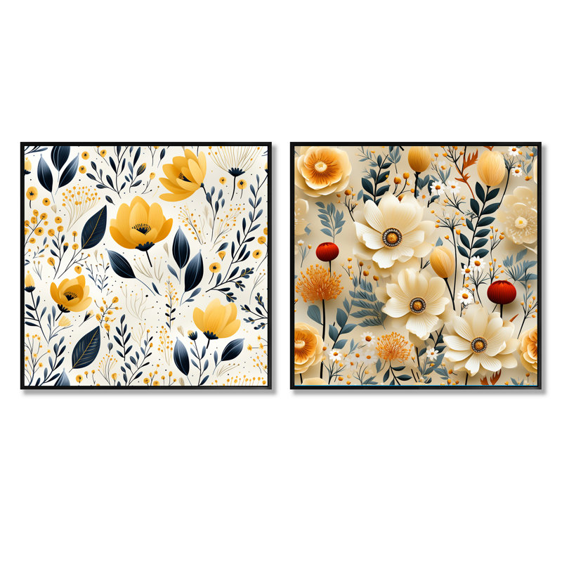 Erwan - Ensemble de 2 collages carrés botaniques abstraits, Cadre flottant noir, H 30 po x l 61 po
