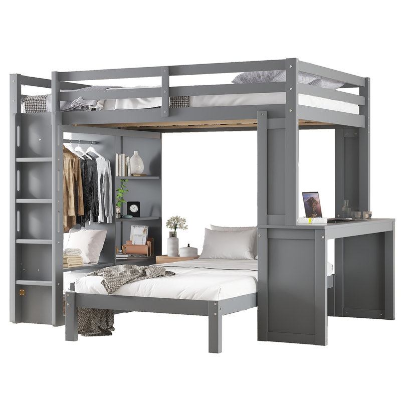 Lit superposé avec lit inférieur démontable et bureau, structure de lits superposés en bois massif avec tablettes intégrées et garde-robe, peut être converti en lit mezzanine