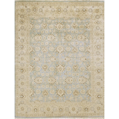 Tapis oriental rectangulaire en laine noué à la main bleu clair / sable