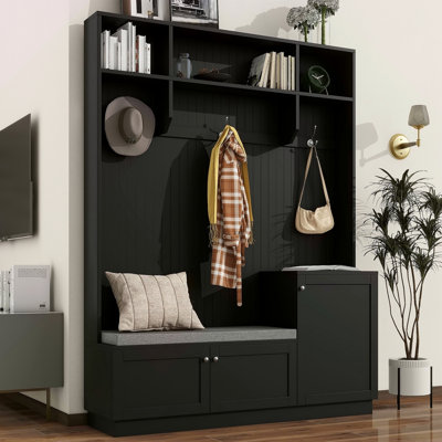 Portemanteau élégant avec des solutions de confort et de rangement, armoire à chaussures fonctionnelle avec banc et coussin, portemanteau moderne avec crochets pour les entrées