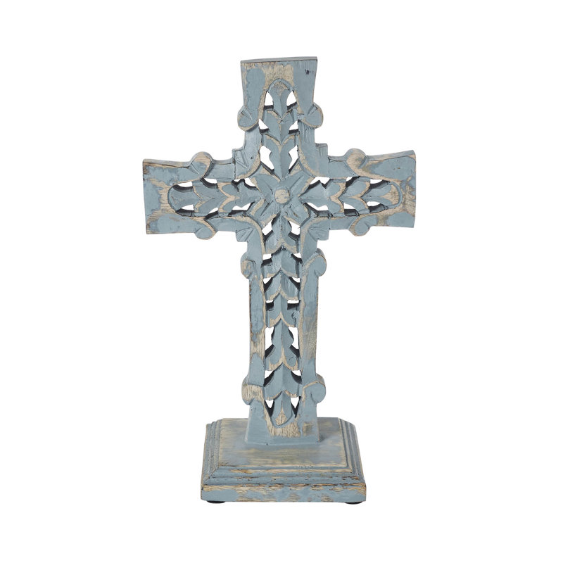 Croix en bois gris vieilli avec base et rosette 13 x 8 x 5